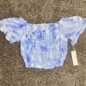 NWT Ocean Drive Blue Hanker-chief Patterned Off-Shoulder Crop Top Size Juniors M